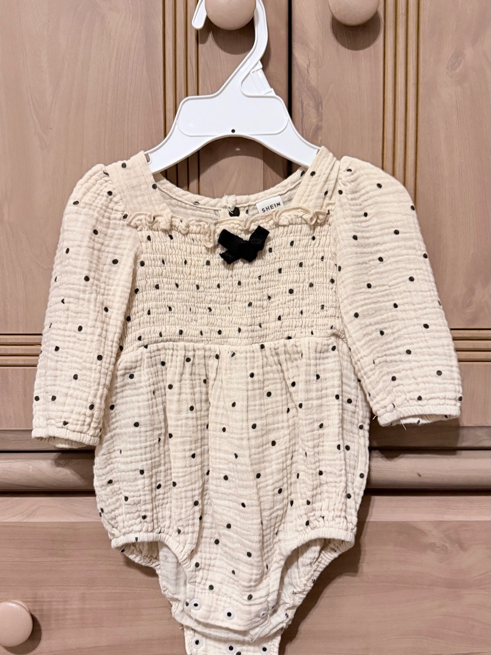 SHEIN Cream Gauze Polka Dot Long-Sleeve Romper with Black Bow detail